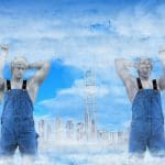 Image of two statues in overalls with a skyline and clouds